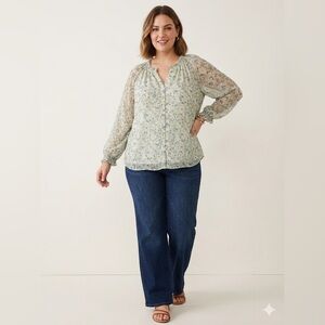 Style & Co. Light Green Floral Sheer Long-Sleeve Blouse